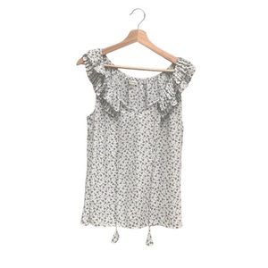 MAX STUDIO (L) White/Black Sleeveless V-Neck Tassel Tie Casual Dressy Blouse